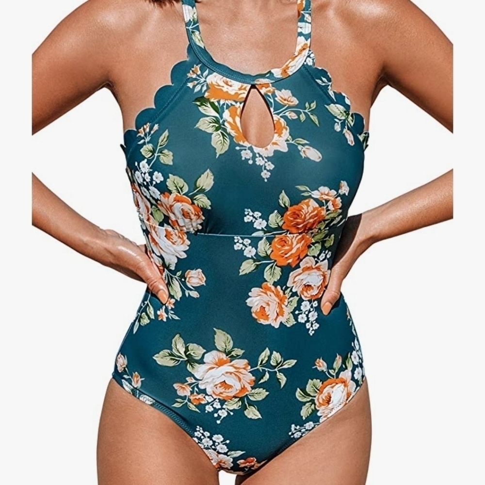 CUPSHE Women's One Piece Swimsuit Floral Print High Neck Scallop Bathing Suit XS